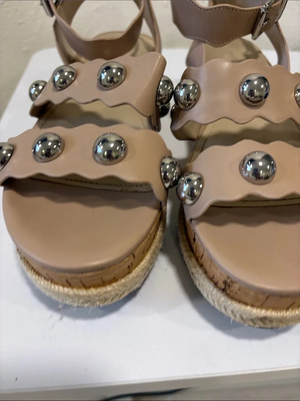 Marc Fisher Nude Tan Platform Studded Espadrille Sandals